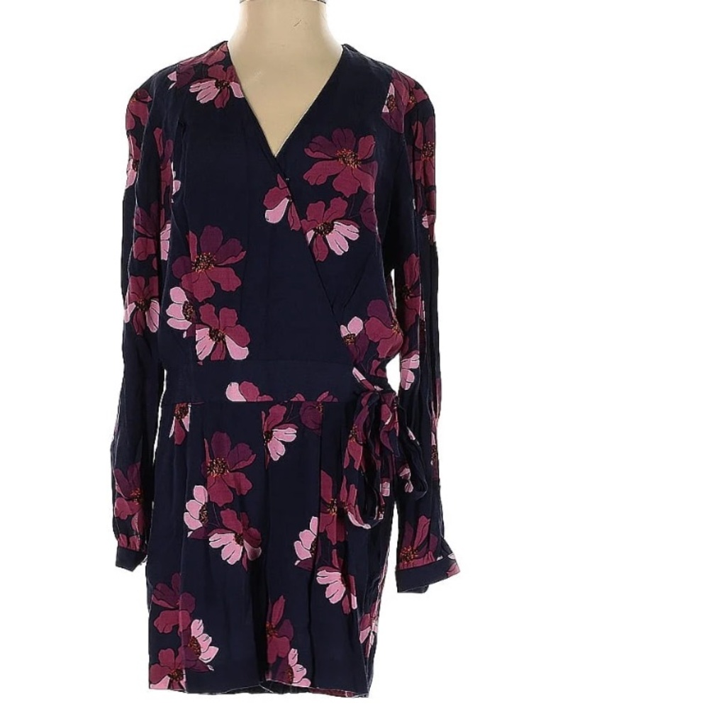 LOFT Blue and Purple Wrap Romper with Bishop Sleeves